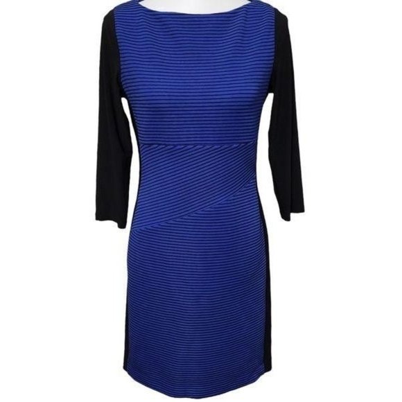 Size 12 CHAPS BLUE/BLACK STRIPED KNIT COLORBLOCK SHEATH DRESS Classy Fall Winter - Picture 1 of 7